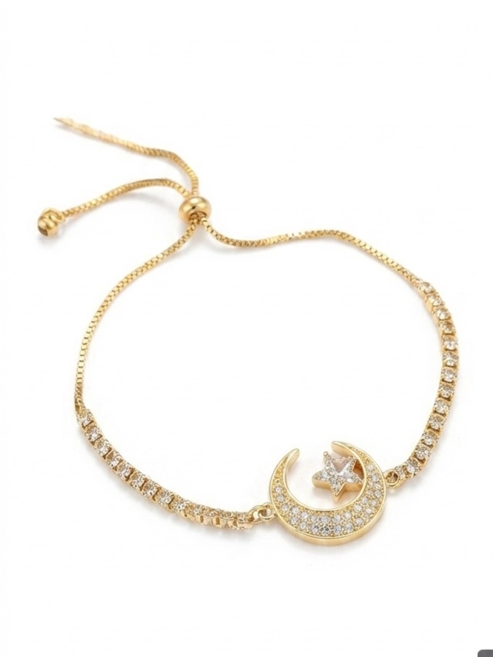 Gold Tone Crescent Moon & Star Bracelet with Crystal Rhinestones